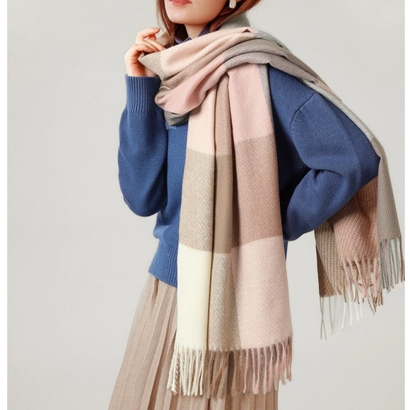 Rouge! Accessories - Colorblock Plaid Pastel Colors Wide Scarf Shawl Pink Beige Tan Cream Fringe